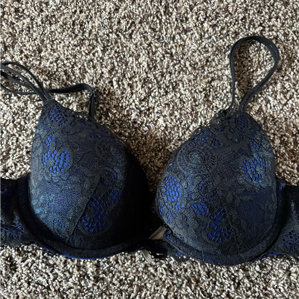 Victoria's Secret Black Lace Bra with Blue Underlay